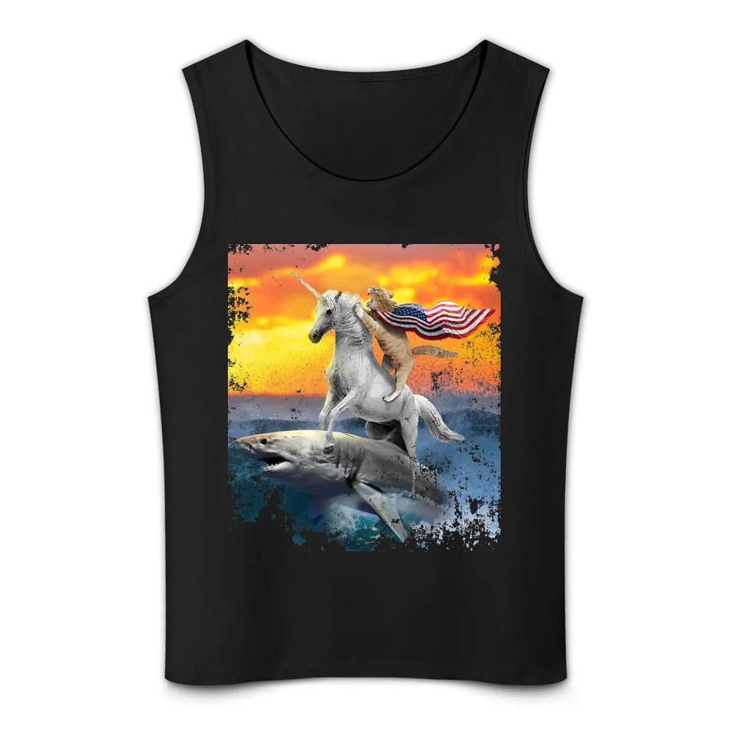 Patriotic Cat Riding a Unicorn Riding a Shark Tank Top